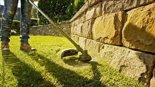 A person using a string trimmer to edge a lawn next to a stone wall on a sunny day