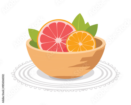 Minimalist wooden bowl filled with sliced grapefruit and orange segments for clean eating and health themes - Vector Illustration