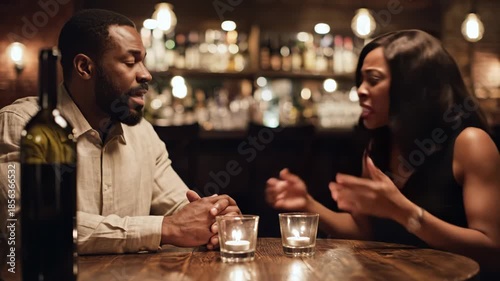 Couple having a romantic conversation over wine and candles in a dimly lit restaurant or bar