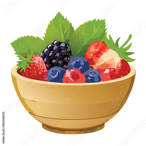 Deep wooden bowl packed with ripe strawberries blueberries and blackberries for a nutritious snack time - Vector Illustration