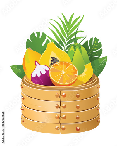 Exotic fruit basket featuring papaya dragon fruit and citrus slices in a traditional bamboo steamer tray container - Vector Illustration