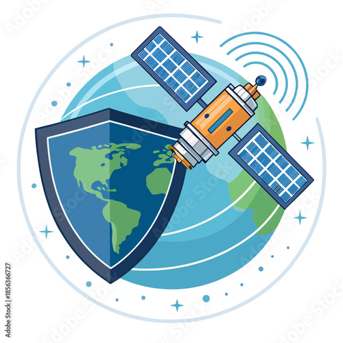 A satellite orbiting the Earth with a shield symbolizing protection and security