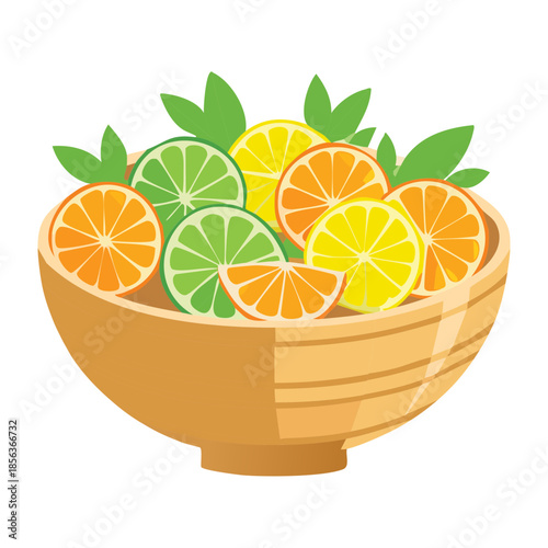 Wooden bowl overflowing with citrus slices of oranges lemons and limes decorated with fresh green leaves - Vector Illustration