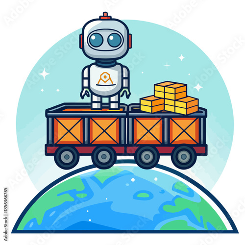 A cartoon robot stands on a cargo train on top of the Earth