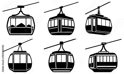 Six Cable Car Cabins with Transparent Windows on White Background gondola transportation