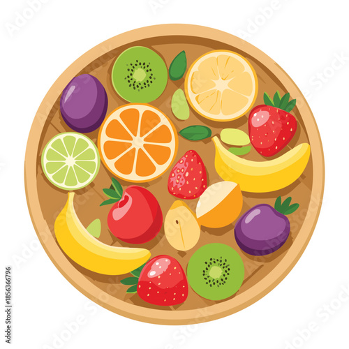 Assorted tropical and temperate fruits including bananas oranges grapes and limes arranged in a circular wooden tray - Vector Illustration