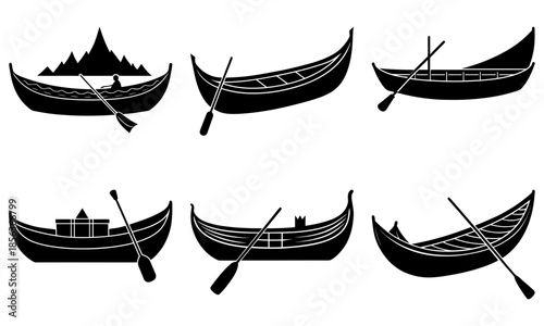 Six Black Rowboats with Oars on White Background silhouette