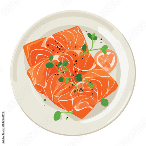 Fresh raw salmon sashimi slices arranged beautifully on a plate with herbs and peppercorns for healthy sushi - Vector Illustration