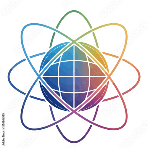 A colorful illustration of an atom with vibrant rainbow orbits