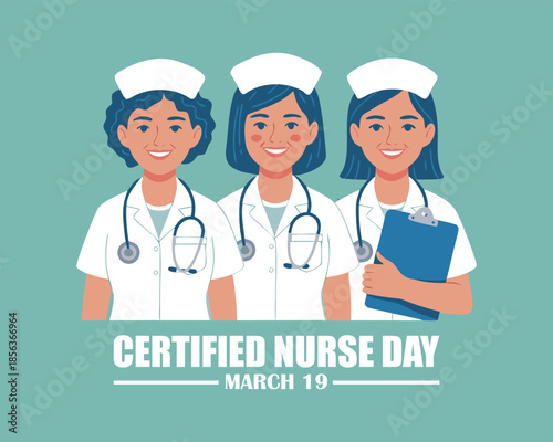 Certified Nurses Day vector. Male and female nurses in blue uniform vector. Man and woman nurses icon set vector. Certified Nurses Day Poster, March 19. Important day
