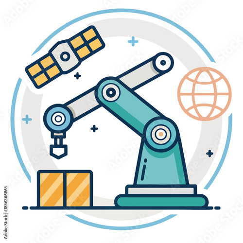 A robotic arm is depicted in a futuristic circular logo with a globe