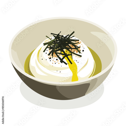 Japanese style soft tofu bowl with shredded nori seaweed and savory soy sauce dressing for healthy dining - Vector Illustration