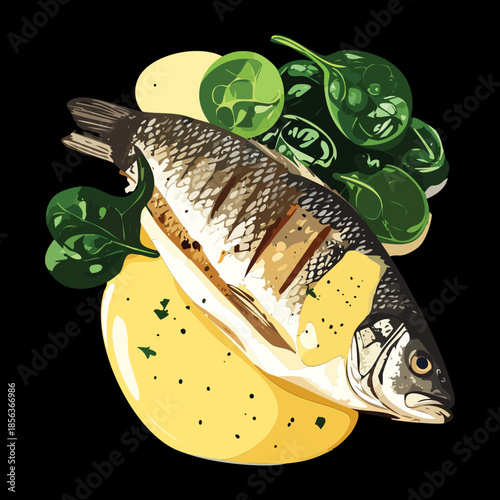 Delicious oven baked fish with citrus lemon and green herbs presented on an elegant dark surface - Vector Illustration