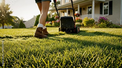 Red lawn mower cutting green grass in front of a house with a porch and flowers
