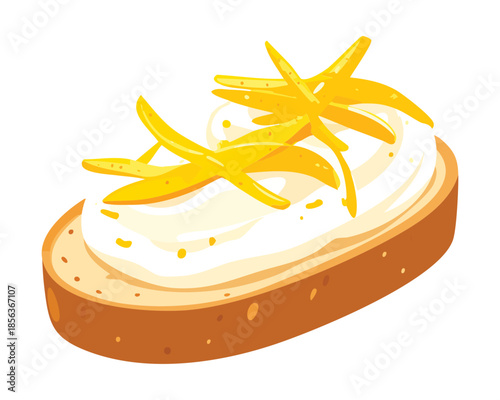 Gourmet bruschetta with thick white cream cheese and long lemon peel curls  - Vector Illustration