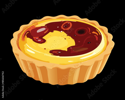 Traditional egg custard tart with burnt sugar topping and fluted pastry shell on a dark artistic background - Vector Illustration