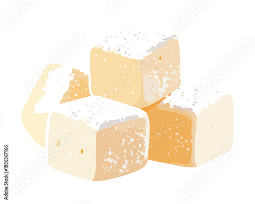 Soft white Turkish delight cubes or coconut marshmallow sweets dusted with sugar powder  - Vector Illustration