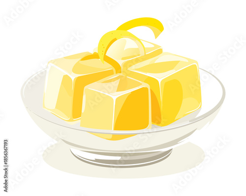 Creamy premium butter blocks decorated with elegant lemon peel spirals in a glass dish for gourmet breakfast - Vector Illustration