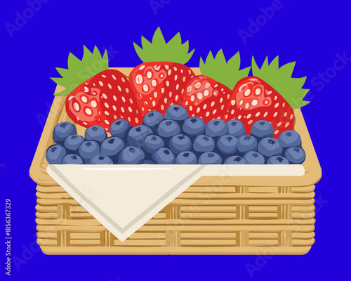 Abundant pile of ripe strawberries and blueberries on a rustic tray for healthy berry fruit salad - Vector Illustration