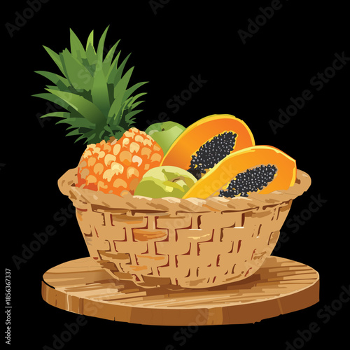 Traditional wicker basket filled with tropical pineapple papaya and mango fruits on dark rustic background - Vector Illustration