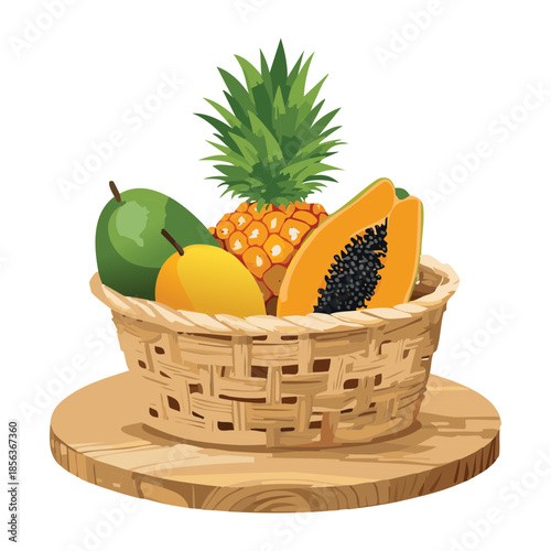 Tropical fruit basket containing pineapple papaya and mango on a wooden table for exotic breakfast theme - Vector Illustration
