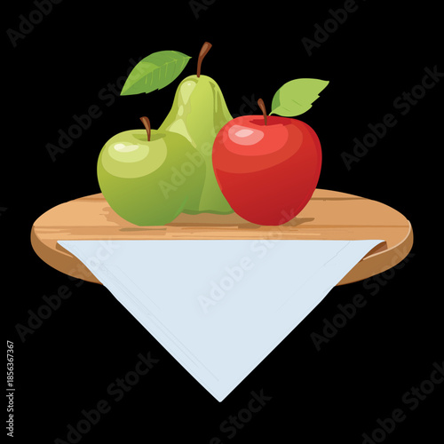 Healthy fruit snack featuring fresh green apples and red apple on a wooden plate with white napkin - Vector Illustration