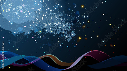 Abstract background with colorful ribbons and sparkling lights in a dark blue space landscape scene