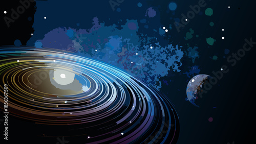 Illustration of a spiral galaxy with a planet and distant stars in a dark space background design
