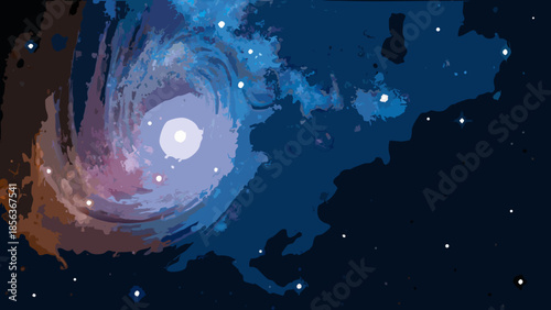 Illustration of a swirling galaxy with a bright center and scattered stars in a dark blue space view