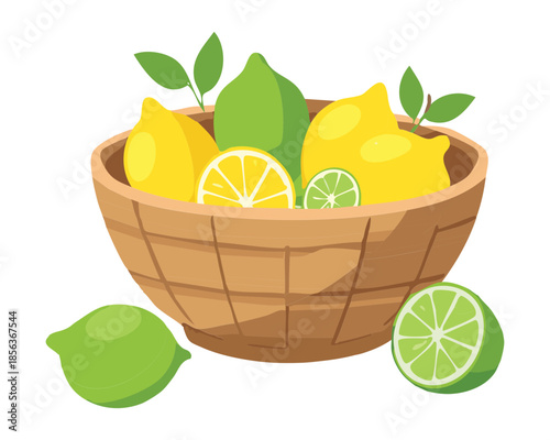 Fresh lemons and limes in a wooden bowl with green leaves for refreshing citrus drink theme - Vector Illustration