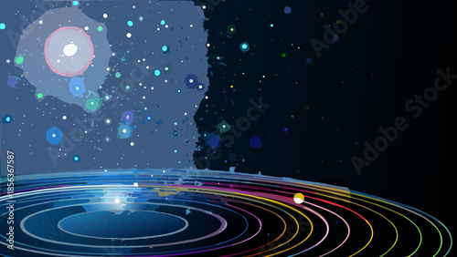 Abstract depiction of a celestial landscape with planets, stars, and colorful concentric rings