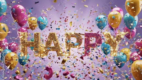 Colorful confetti and letters spelling happy birthday in glittery font on purple background with gold and pink decorations