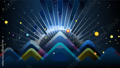 Abstract illustration featuring layered geometric shapes with radiating lines and scattered spheres