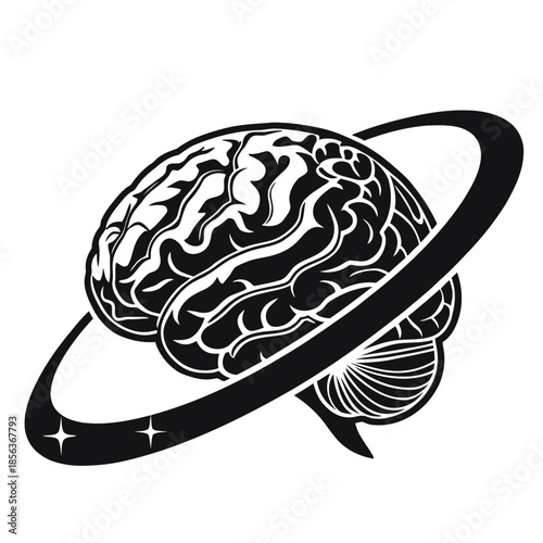 A creative illustration of a brain with a Saturn-like ring in space