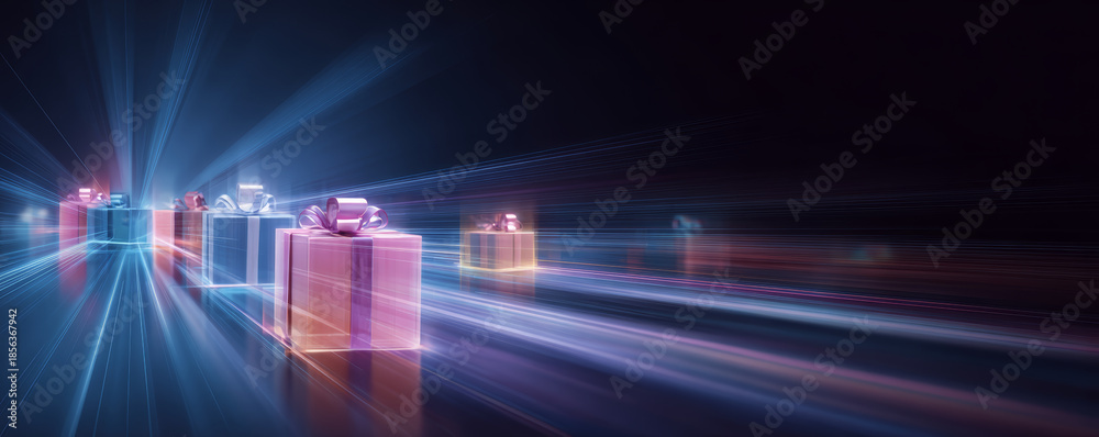 Obraz premium Glowing gift box with ribbon and bow in futuristic light streaks on dark background, creating magical and festive atmosphere