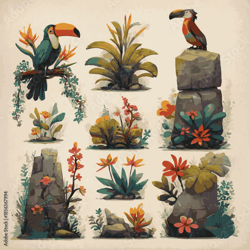 A set of birds on a branch & Jungle stone, exotic plants, liana collection, tropical flowers, parrot, toucan, creepers. Jungle stone, rocks, leaf vector illustration
