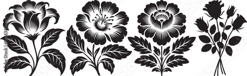 Elegant black floral silhouette set inspired by traditional folk art for design projects