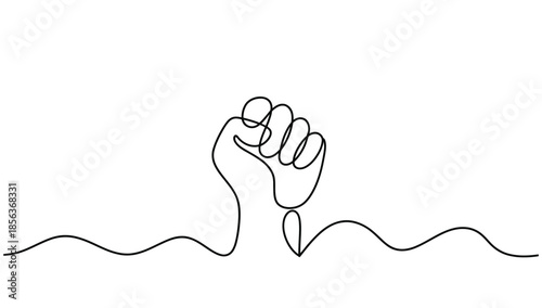 Minimalist continuous line drawing of raised clenched fist rising from water, abstract modern artwork symbolizing strength, resistance, solidarity, and resilience