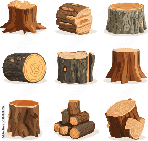 Isolated on Tree trunk vector set, wooden log stump nature object kit, cut timber, bark. Cut firewood pile, forest oak ring, woodcutter clipart isolated on white. Tree trunk vector icon illustration