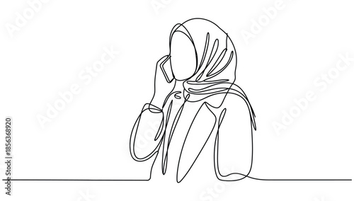 Minimalist continuous line art illustration of a professional Muslim woman in a hijab talking on a smartphone representing modern communication.