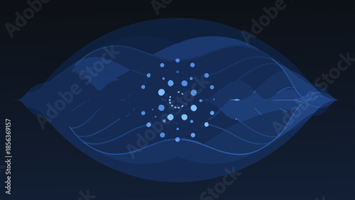 Abstract blue design featuring a central circular cluster of dots with wavy lines background