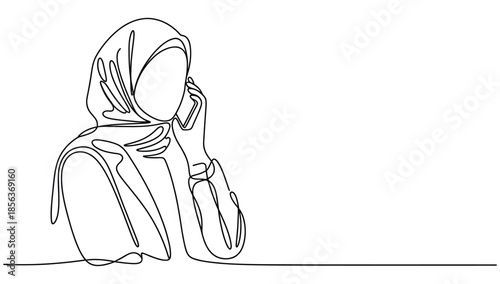 Minimalist continuous line drawing of person with headscarf using mobile phone, abstract modern artwork symbolizing communication, conversation, and connection