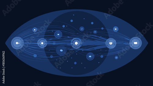 Abstract blue network visualization with interconnected nodes and concentric circles design element