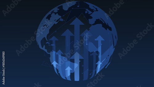 Global representation with upward pointing arrows suggesting growth in a dark blue background design