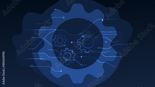 Abstract illustration of gears and interconnected lines representing technology and engineering design