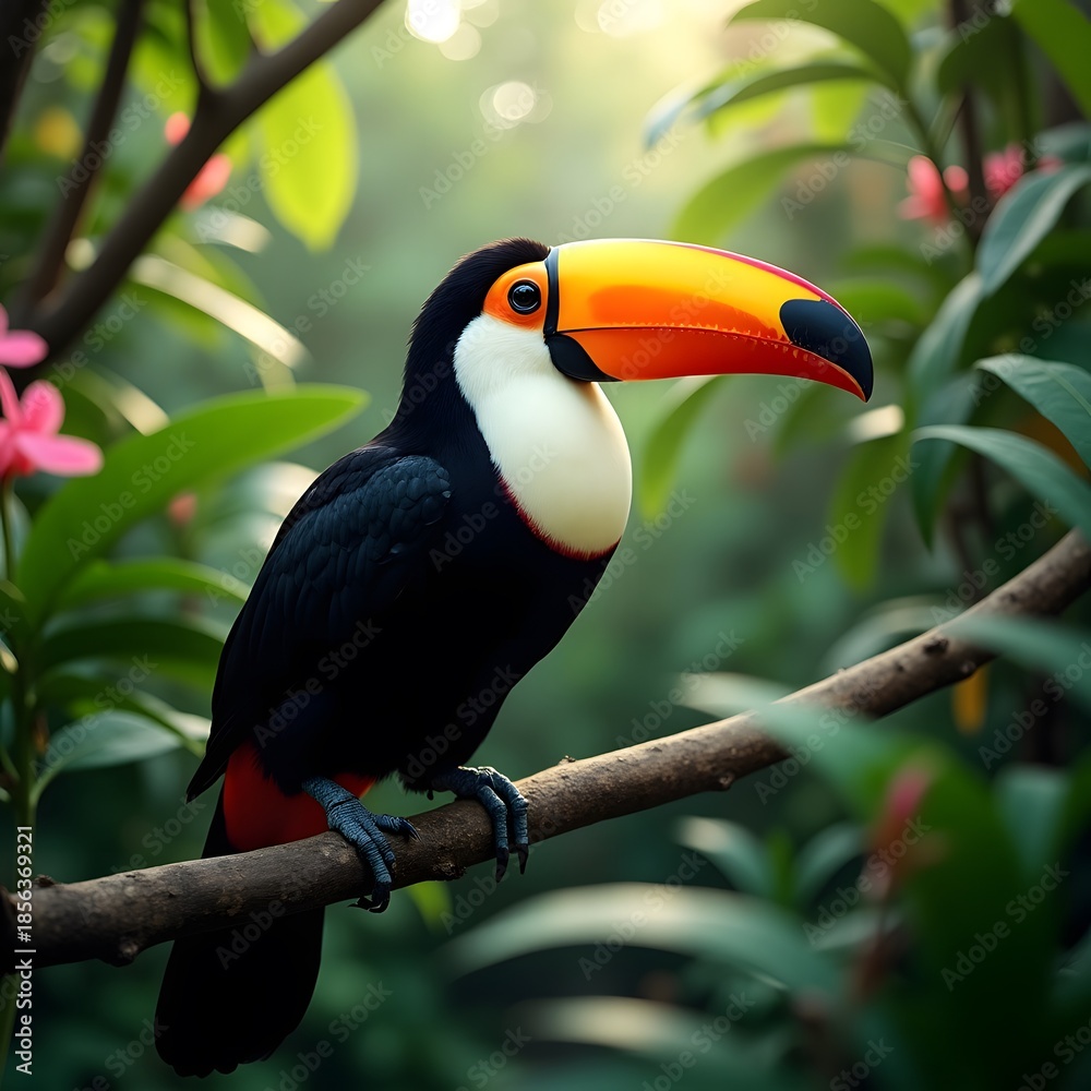 Fototapeta premium Colourful toucan perched on a tree branch in the tropical jungle