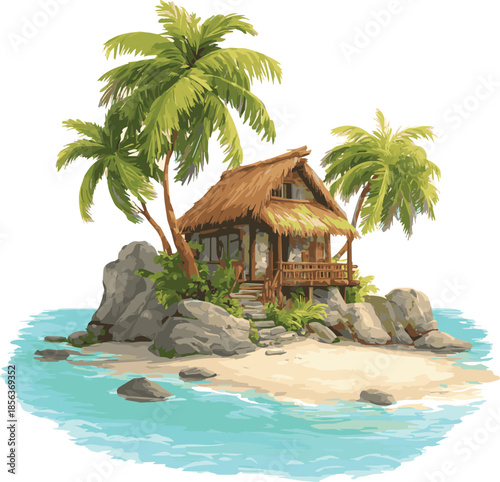  Isolated onTropical island vector illustration, stranded Caribbean beach hut, sand sea shore, palm trees, stone. Cartoon tropical island