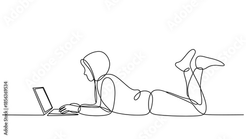 Minimalist continuous line art illustration of a person lying down using a laptop for remote work education and leisure concepts.