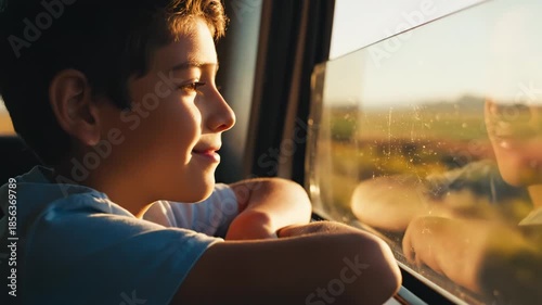 A young boy looking out a car window on a journey with a thoughtful expression on his face