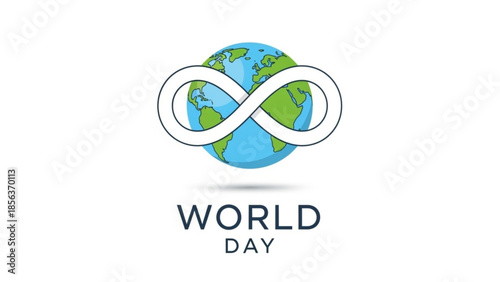 Earth wrapped in white infinity symbol on world day, global awareness concept with green and blue continents on a white background